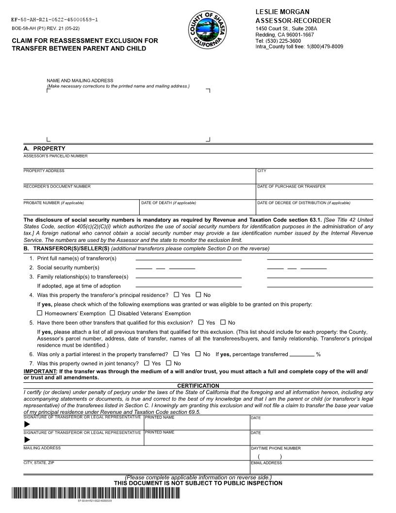 Claim For Reassessment Exclusion For Transfer Between Parent And Child (Before 02-16-21) (Shasta County) {BOE-58-AH} | Pdf Fpdf Docx | California