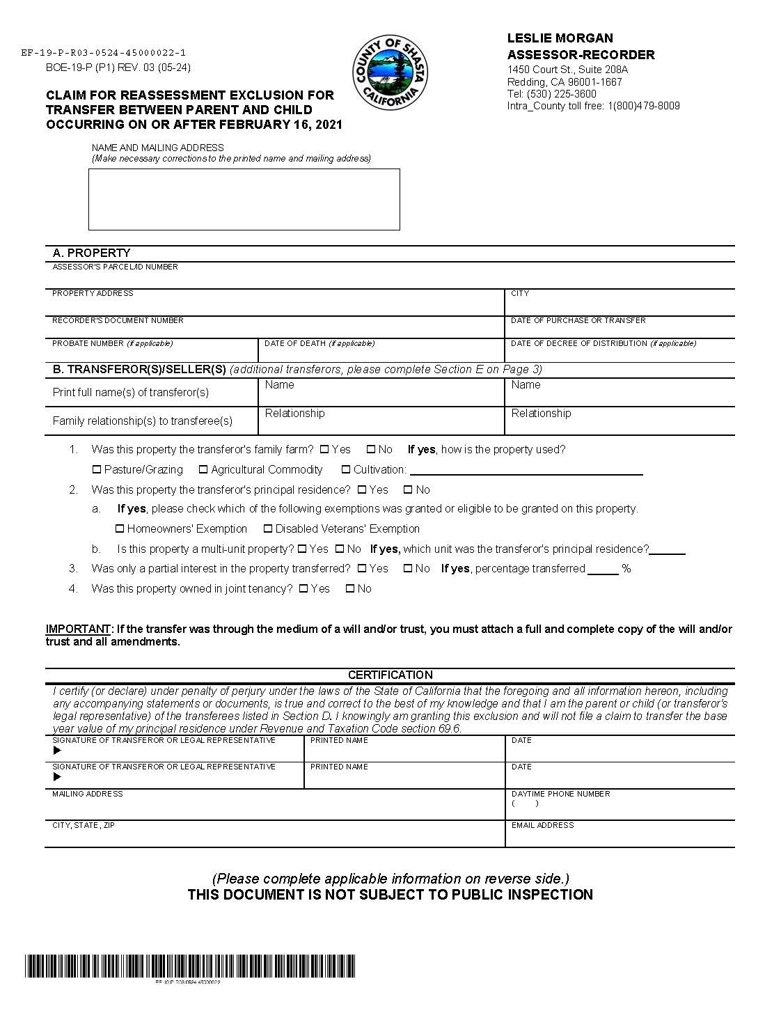 Claim For Reassessment Exclusion For Transfer Between Parent And Child (Shasta County) {BOE-19-P} | Pdf Fpdf Docx | California