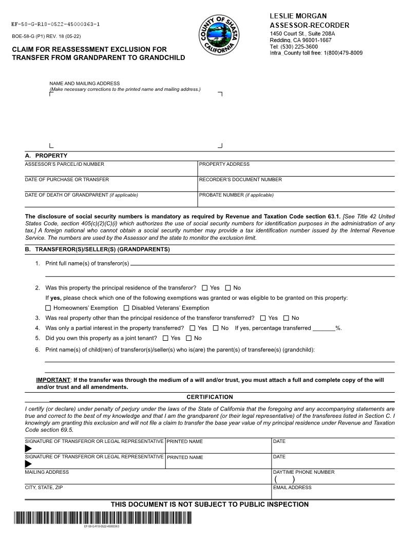 Claim For Reassessment Exclusion-Transfer From Grandparent To Grandchild (Before 02-16-21) (Shasta County) {BOE-58-G} | Pdf Fpdf Docx | California