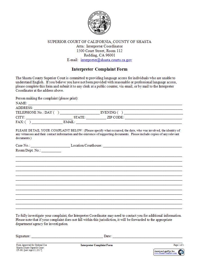 Interpreter Complaint Form {CF-061} | Pdf Fpdf Docx | California