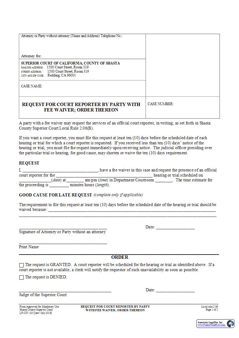 Request For Court Reporter By Party With Fee Waiver-Order Thereon {LF-CIV-105} | Pdf Fpdf Docx | California