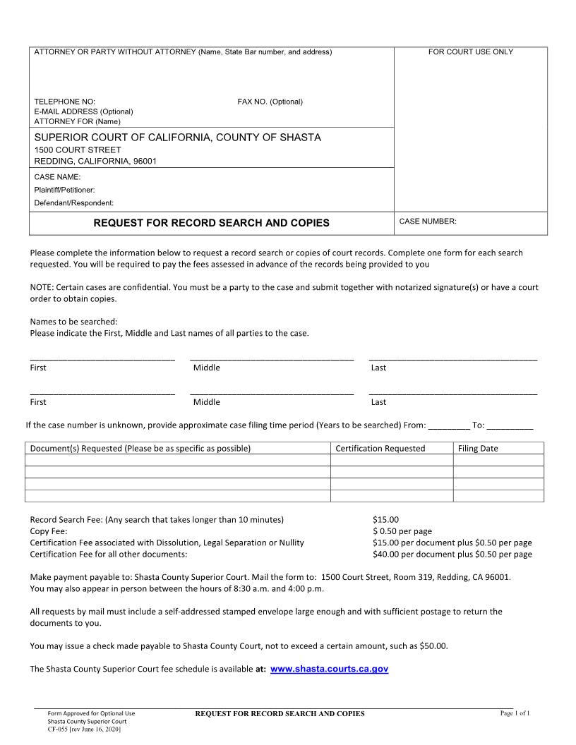 Request For Record Search And Copies {CF-055} | Pdf Fpdf Doc Docx | California