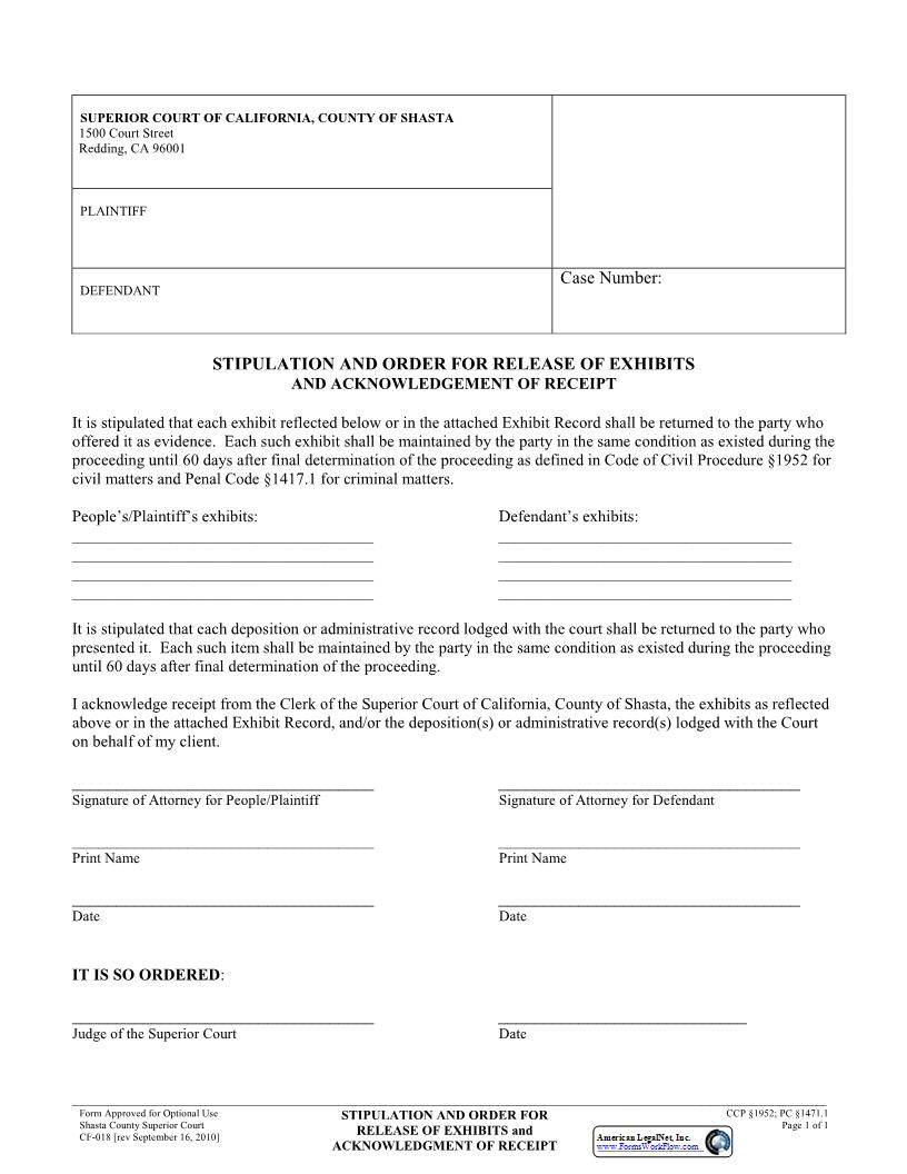 Stipulation And Order For Release Of Exhibits And Acknowlegement Of Receipt {CF-018} | Pdf Fpdf Docx | California
