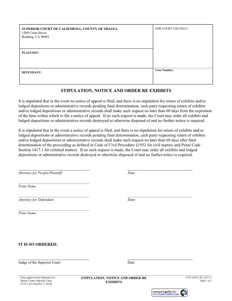 Stipulation Notice And Order Re Exhibits {CF-011} | Pdf Fpdf Docx | California