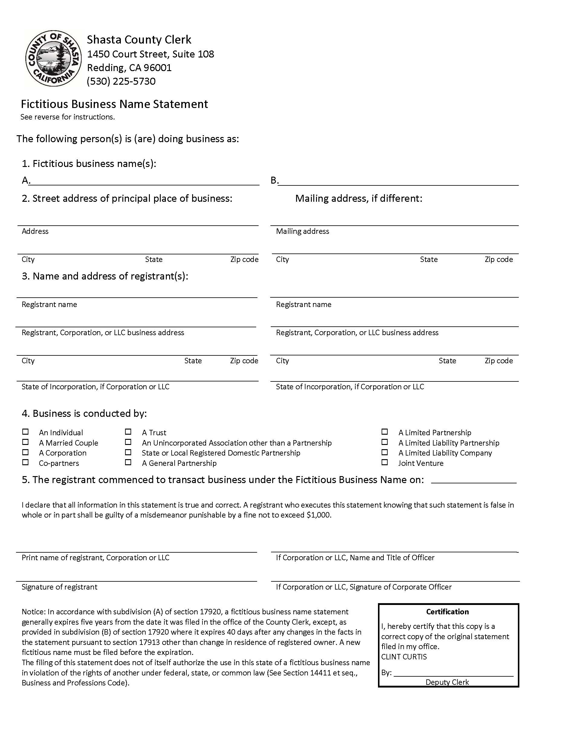 Fictitious Business Name Statement (Shasta) | Pdf Fpdf Docx | California
