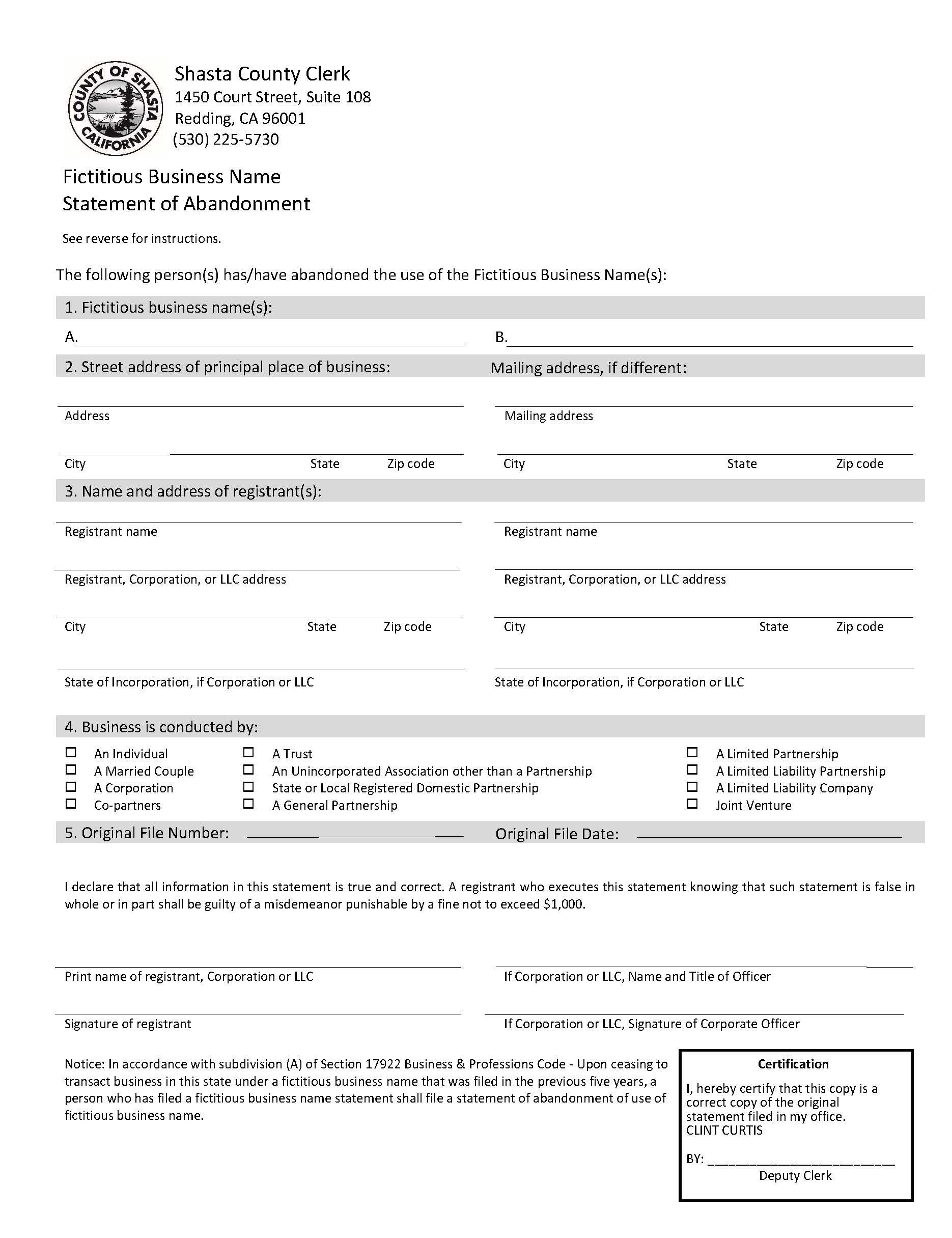 Statement Of Abandonment Of Use Of Fictitious Business Name (Shasta) | Pdf Fpdf Doc Docx | California