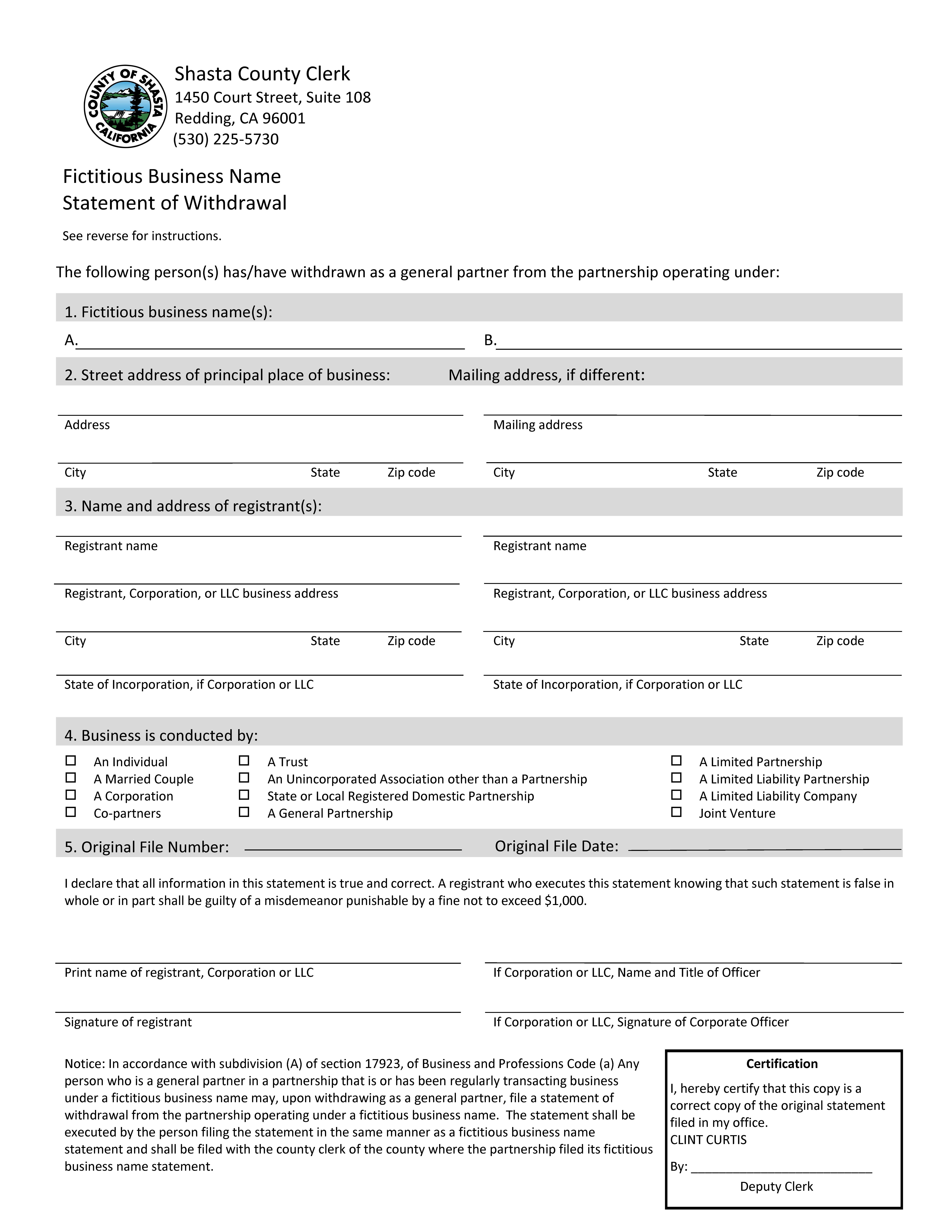 Statement Of Withdrawal From Partnership Operation Under Fictitious Business Name (Shasta) | Pdf Fpdf Doc Docx | California