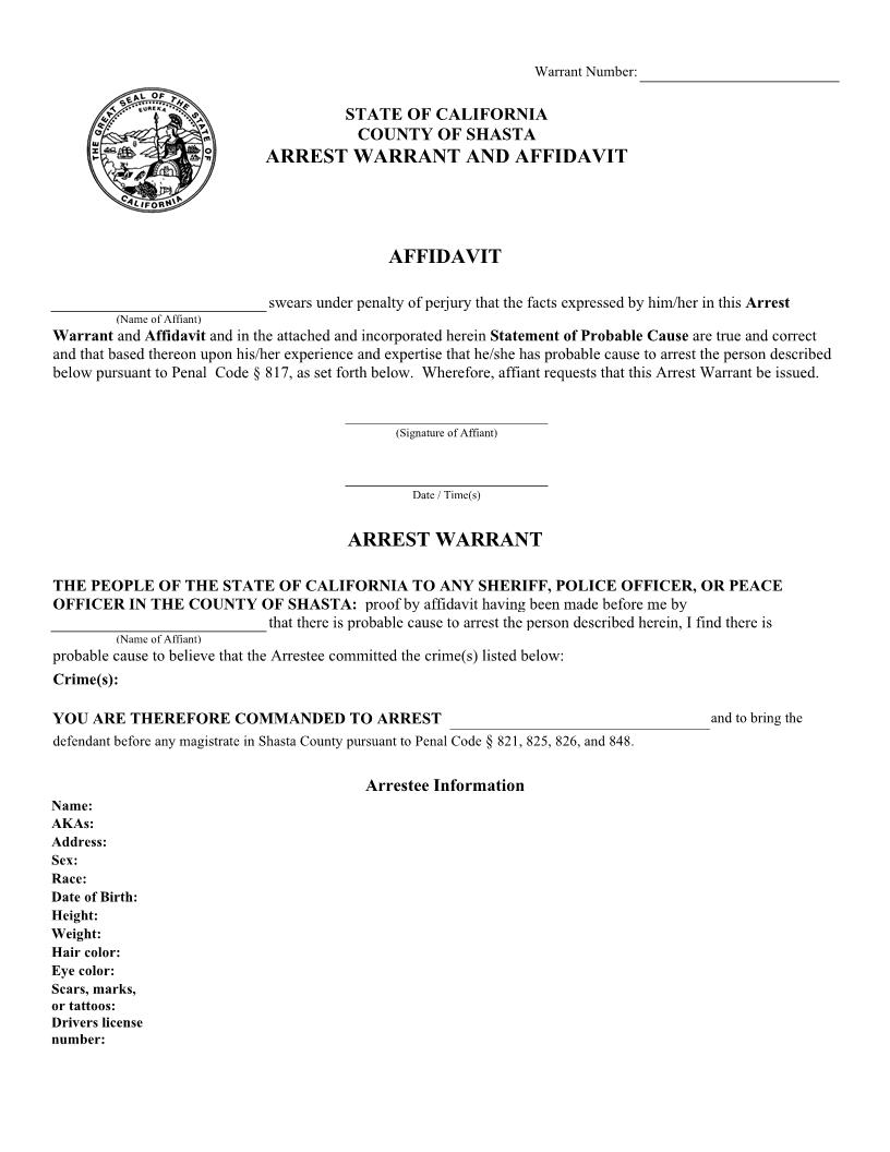 Arrest Warrant And Affidavit {CF-0065} | Pdf Fpdf Docx | California