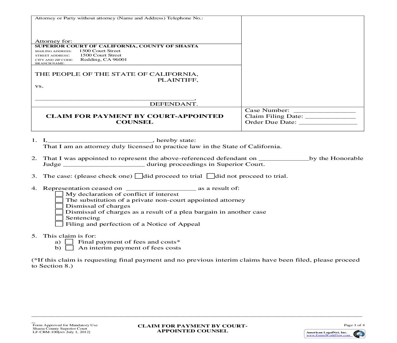 Claim For Payment By Court-Appointed Counsel {LF-CRM-100} | Pdf Fpdf Doc Docx | California