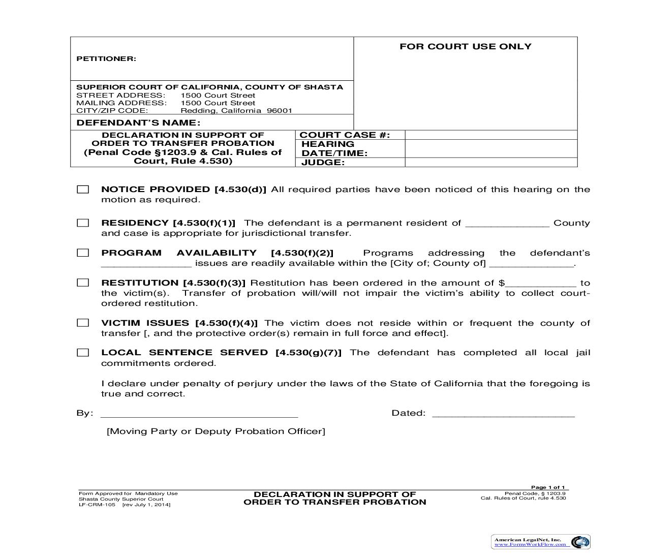 Declaration In Support Of Order To Transfer Probation {LF-CRM-105} | Pdf Fpdf Doc Docx | California
