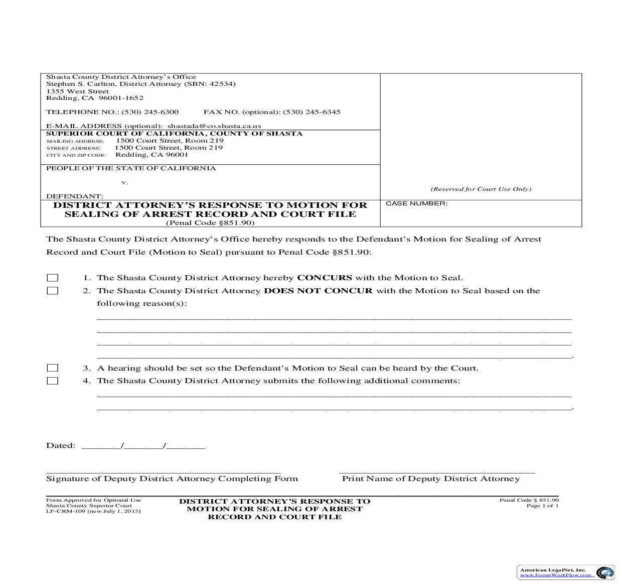 District Attorneys Response To Motion For Sealing Of Arrest Record {LF-CRM-109} | Pdf Fpdf Doc Docx | California