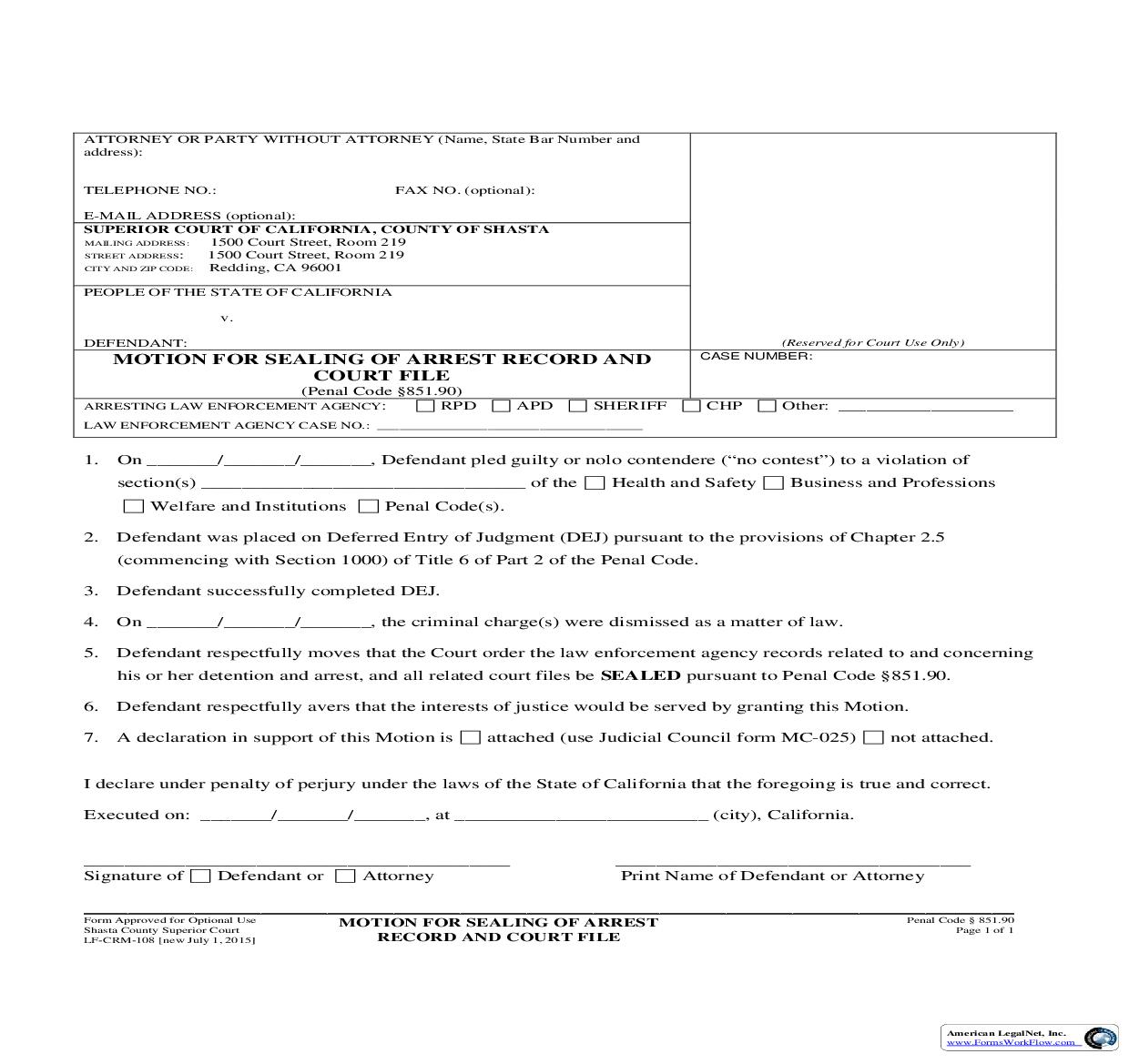 Motion For Sealing Of Arrest Record And Court File {LF-CRM-108} | Pdf Fpdf Doc Docx | California
