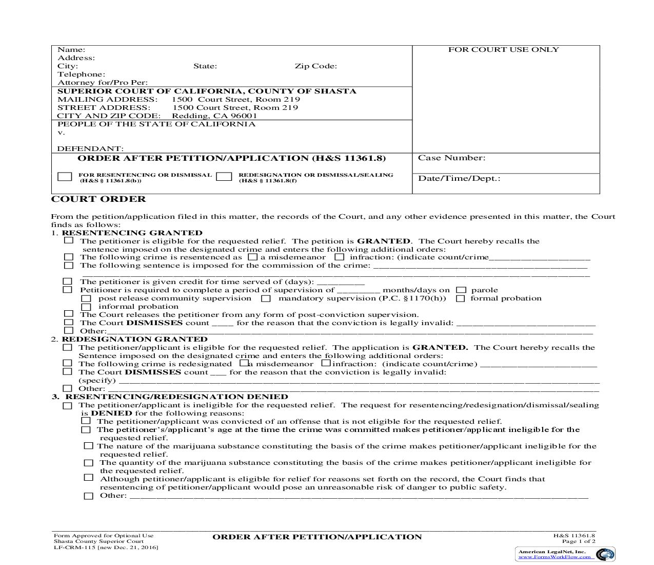 Order After Petition-Application {LF-CRM-115} | Pdf Fpdf Doc Docx | California