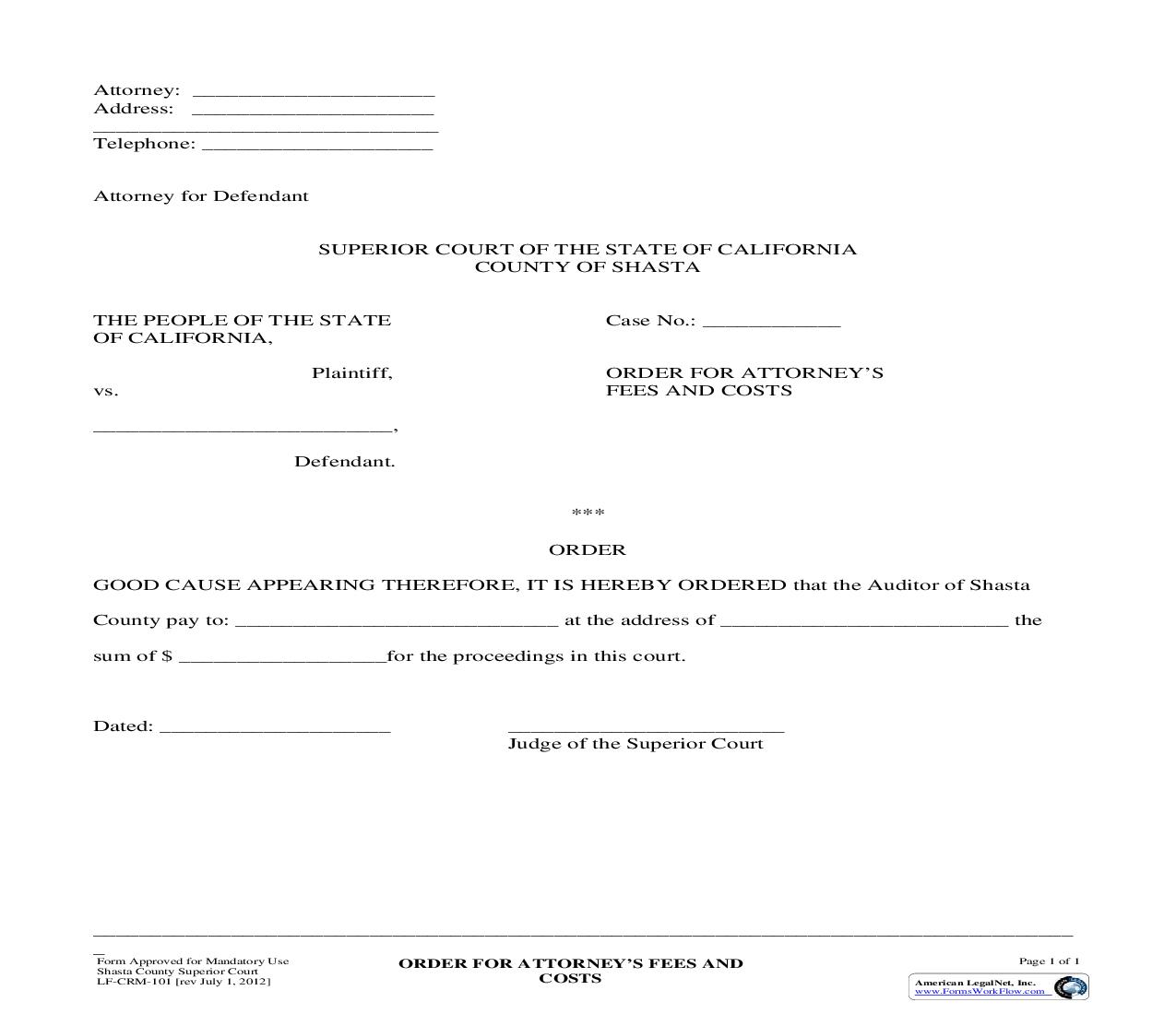 Order For Attorneys Fees And Costs {LF-CRM-101} | Pdf Fpdf Doc Docx | California