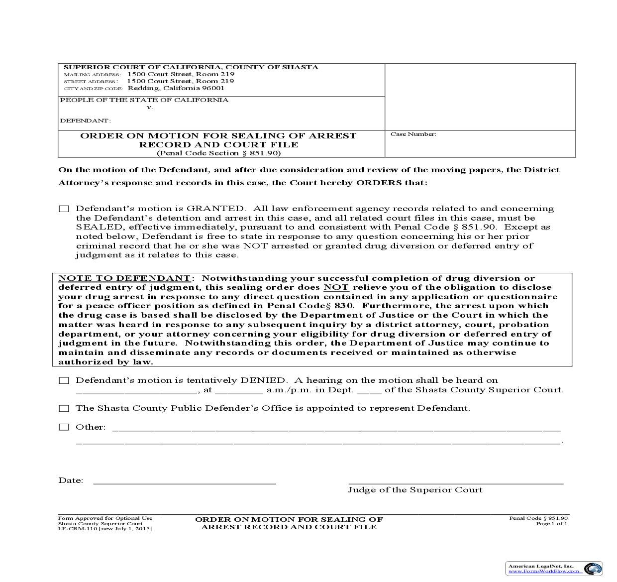Order On Motion For Sealing Of Arrest Record And Court File {LF-CRM-110} | Pdf Fpdf Doc Docx | California