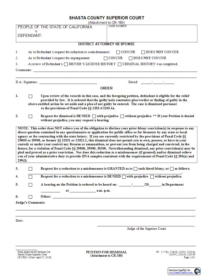 Petition For Dismissal (Attachment To CR-180) {LF-CRM-116} | Pdf Fpdf Docx | California