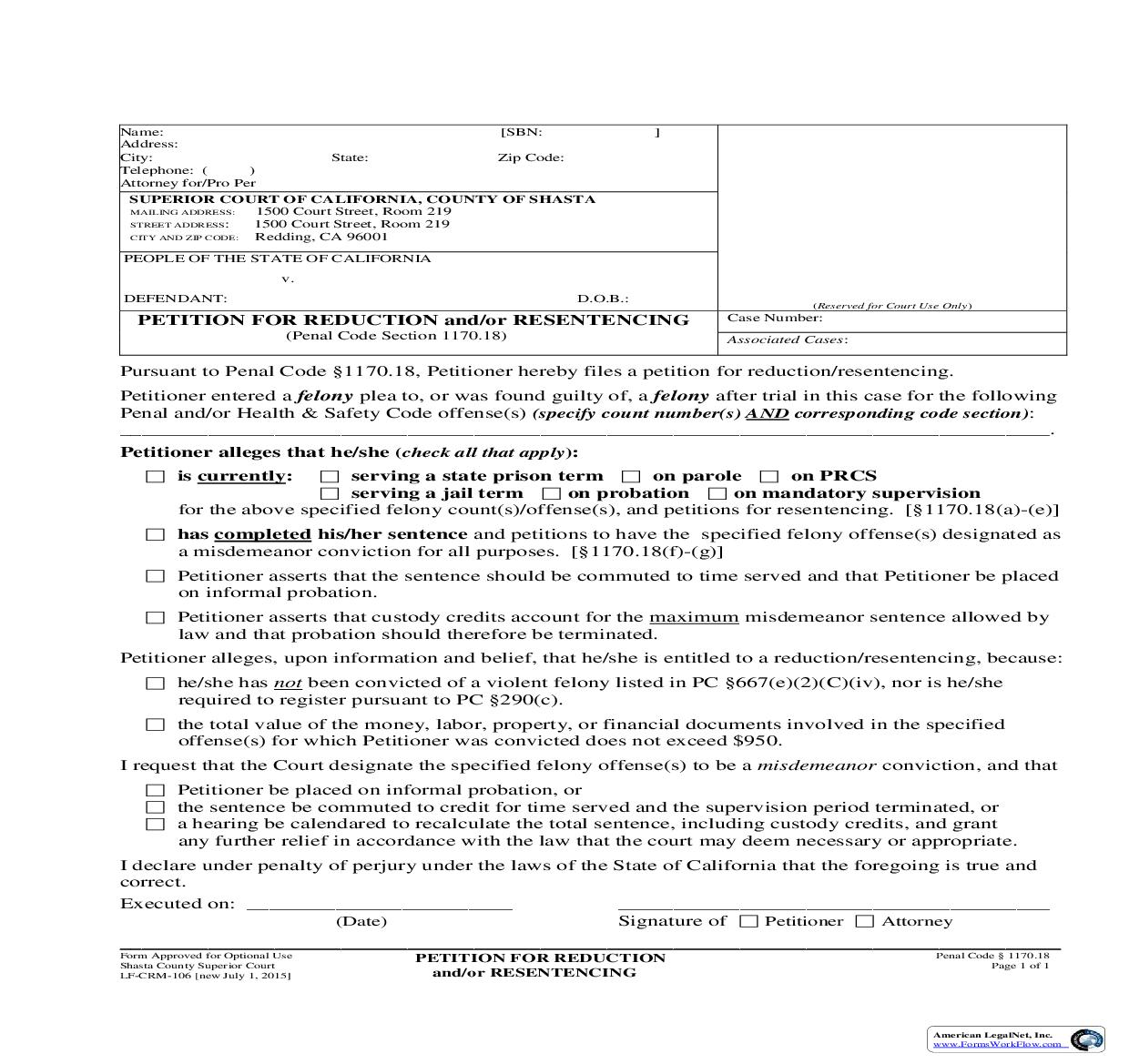 Petition For Reduction And-Or Resentencing {LF-CRM-106} | Pdf Fpdf Doc Docx | California
