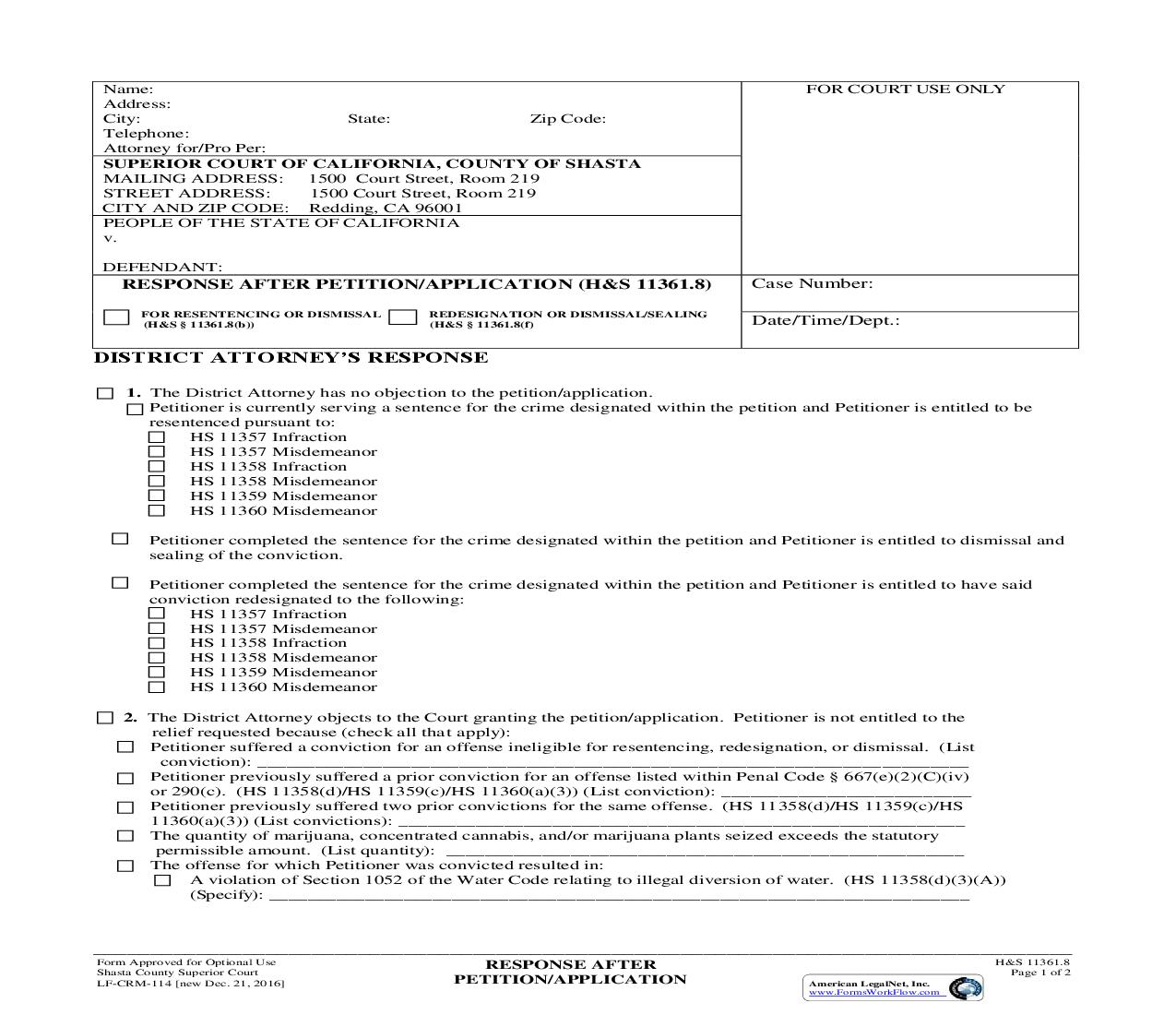 Response After Petition-Application {LF-CRM-114} | Pdf Fpdf Doc Docx | California