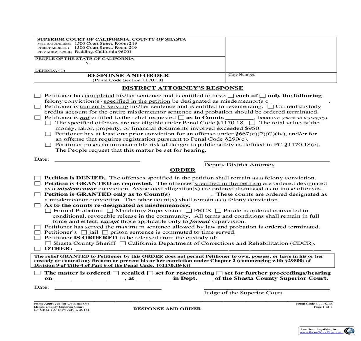 Response And Order {LF-CRM-107} | Pdf Fpdf Doc Docx | California