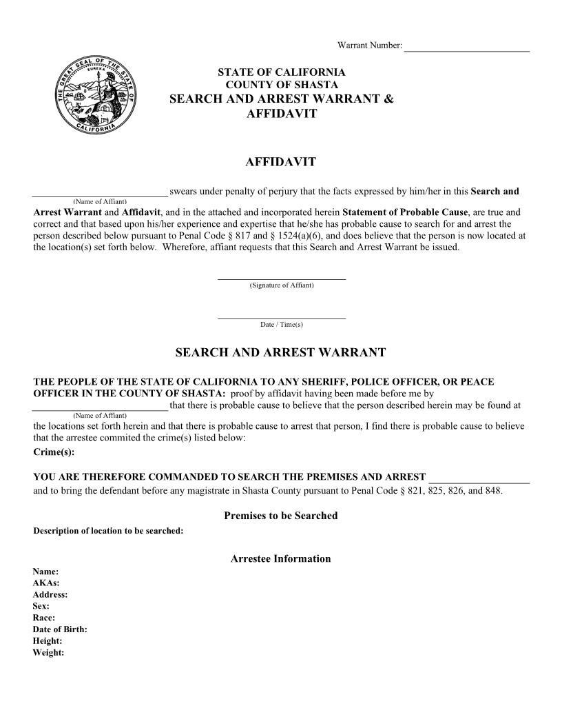 Search and Arrest Warrant And Affidavit {CF-0066} | Pdf Fpdf Docx | California