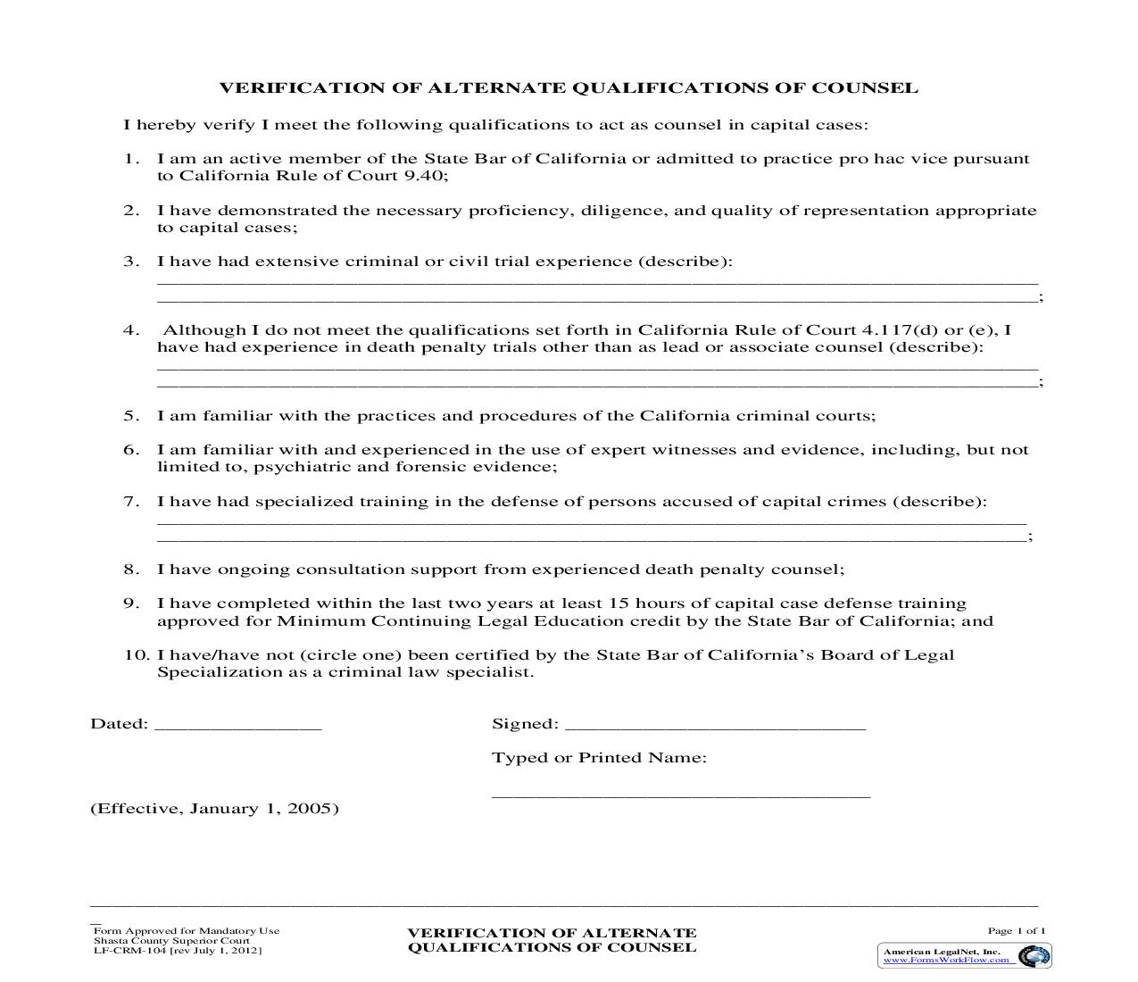 Verification Of Alternate Qualifications Of Counsel {LF-CRM-104} | Pdf Fpdf Doc Docx | California