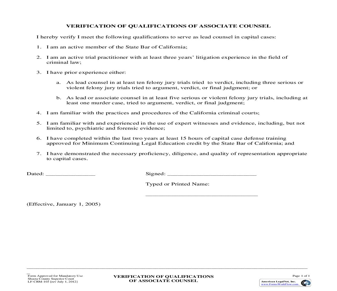 Verification Of Qualifications Of Associate Counsel {LF-CRM-103} | Pdf Fpdf Doc Docx | California