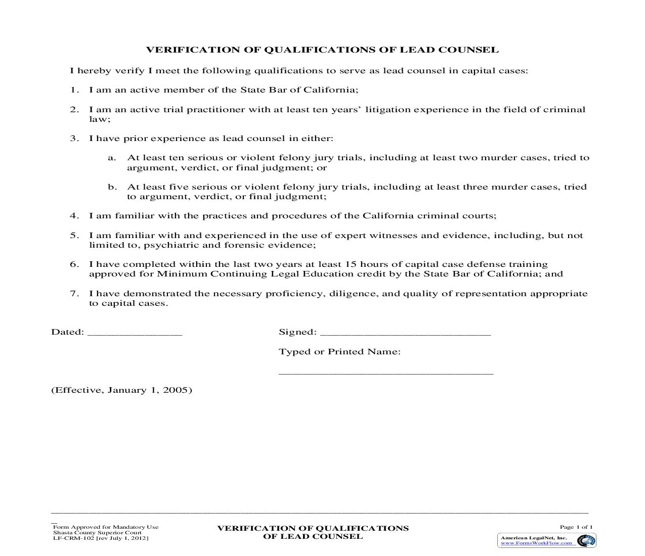 Verification Of Qualifications Of Lead Counsel {LF-CRM-102} | Pdf Fpdf Doc Docx | California