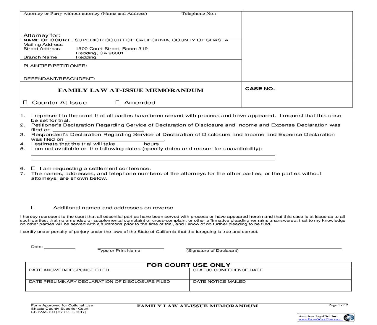 Family Law At-Issue Memorandum {LF-FAM-100} | Pdf Fpdf Doc Docx | California