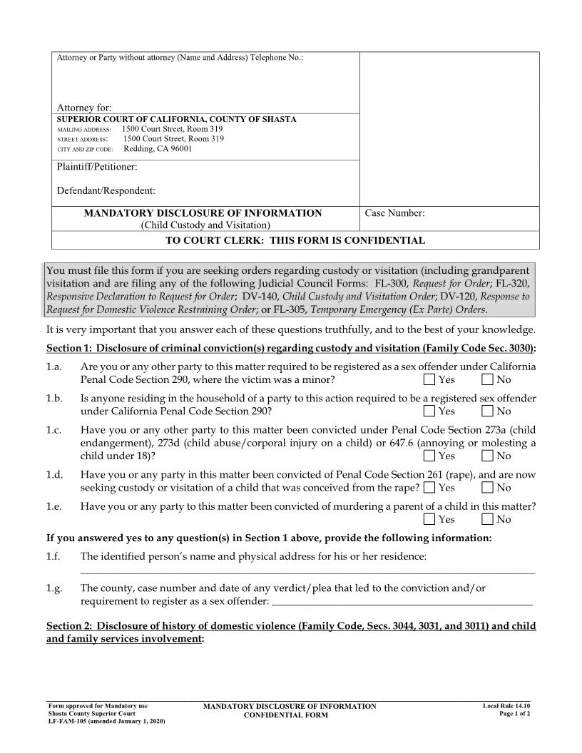 Mandatory Disclosure Of Information Confidential Form {LF-FAM-105} | Pdf Fpdf Docx | California
