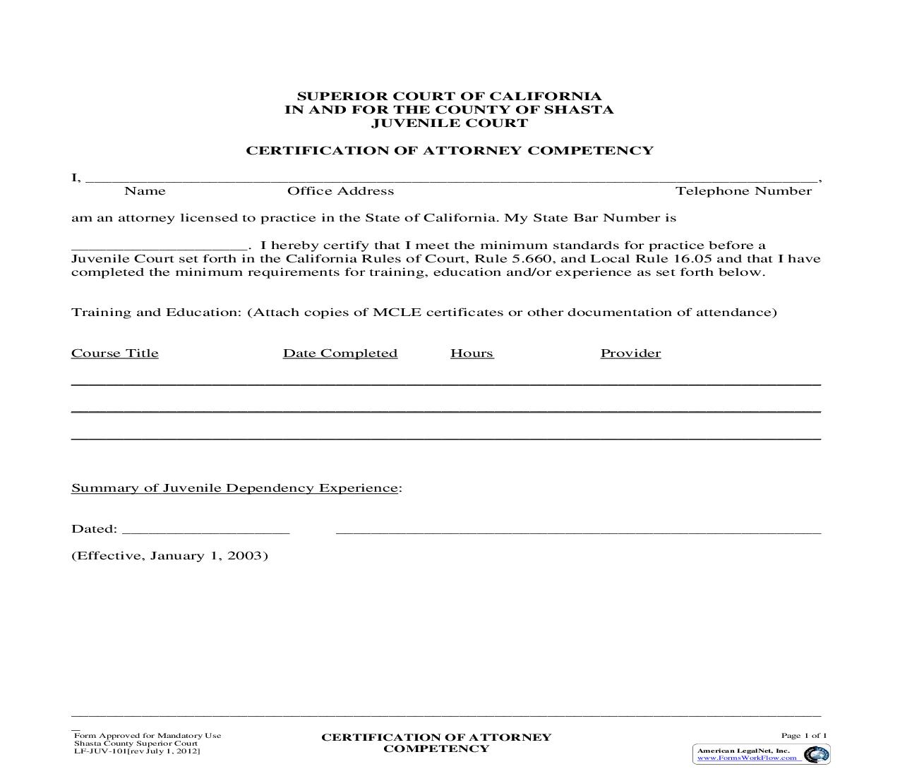 Certification Of Attorney Competency {LF-JUV-101} | Pdf Fpdf Doc Docx | California