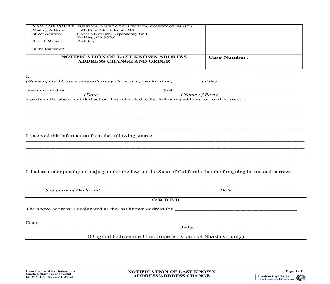 Notification Of Last Known Address-Address Change {LF-JUV-100} | Pdf Fpdf Doc Docx | California