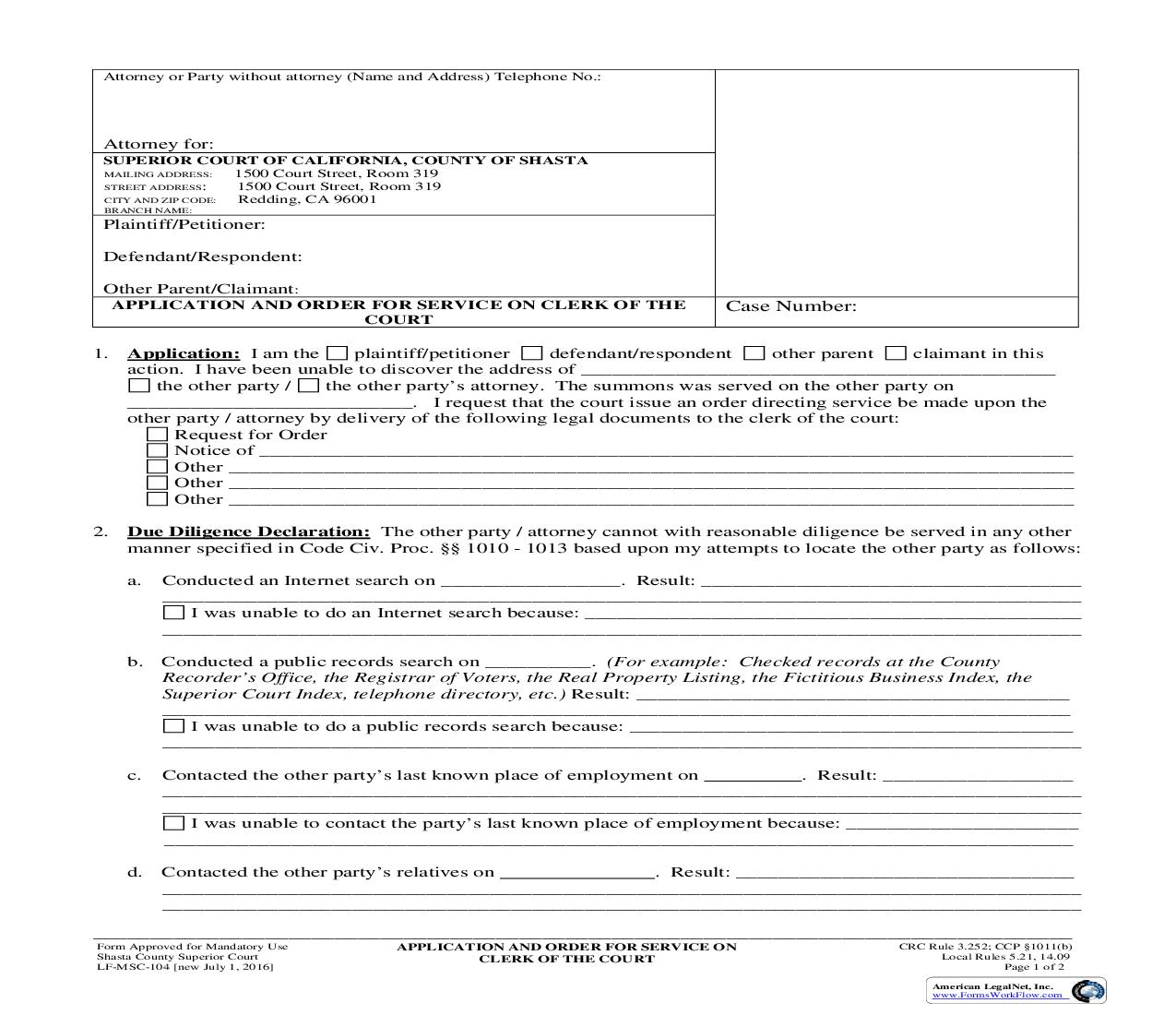 Application And Order For Service On Clerk Of The Court {LF-MSC-104} | Pdf Fpdf Doc Docx | California