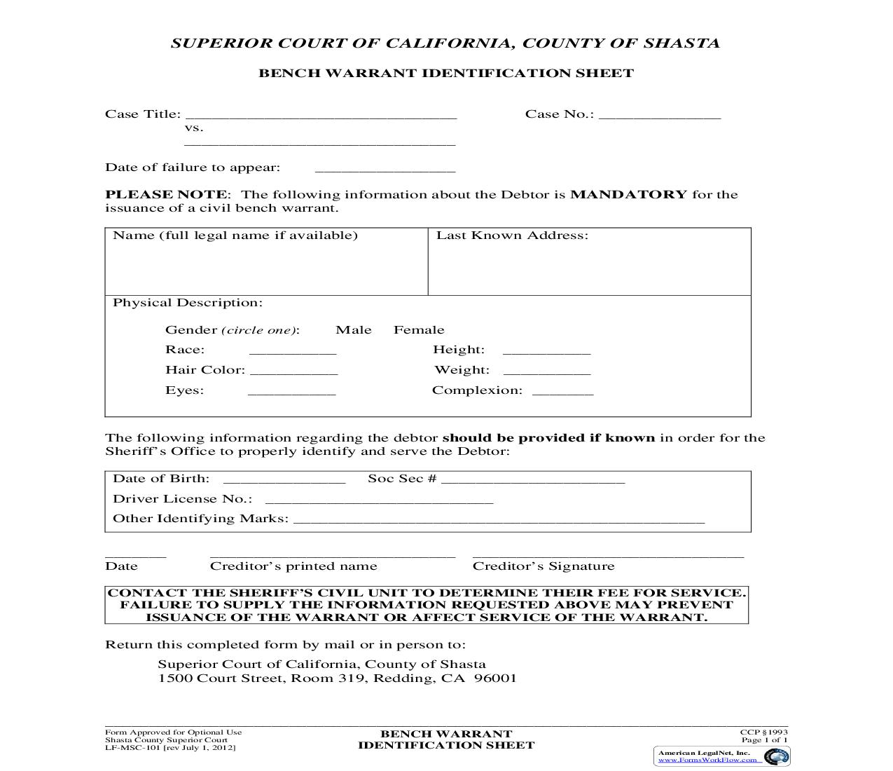 Bench Warrant Identification Sheet {LF-MSC-101} | Pdf Fpdf Doc Docx | California