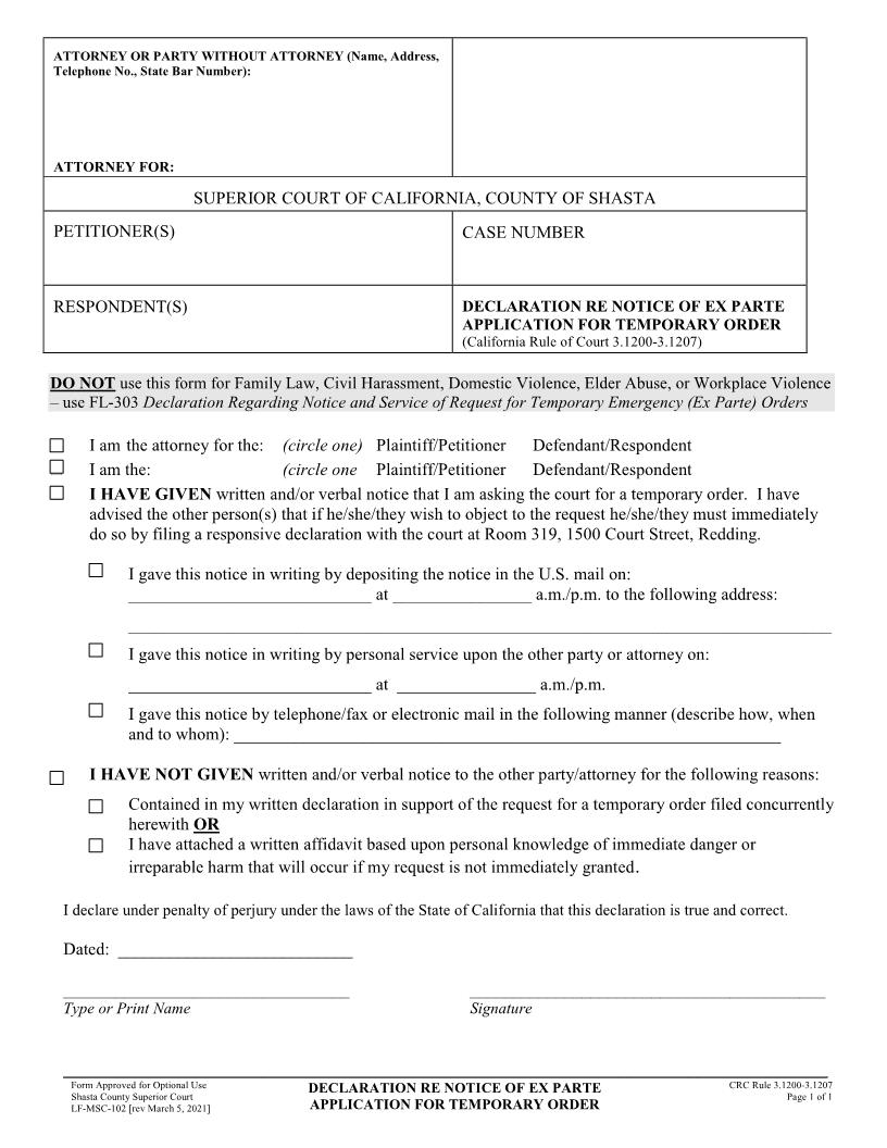 Declaration Re Notice Of Ex Parte Application For Temporary Order {LF-MSC-102} | Pdf Fpdf Doc Docx | California