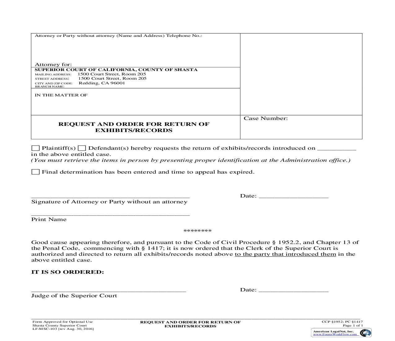 Request And Order For Return Of Exhibits-Records {LF-MSC-103} | Pdf Fpdf Doc Docx | California