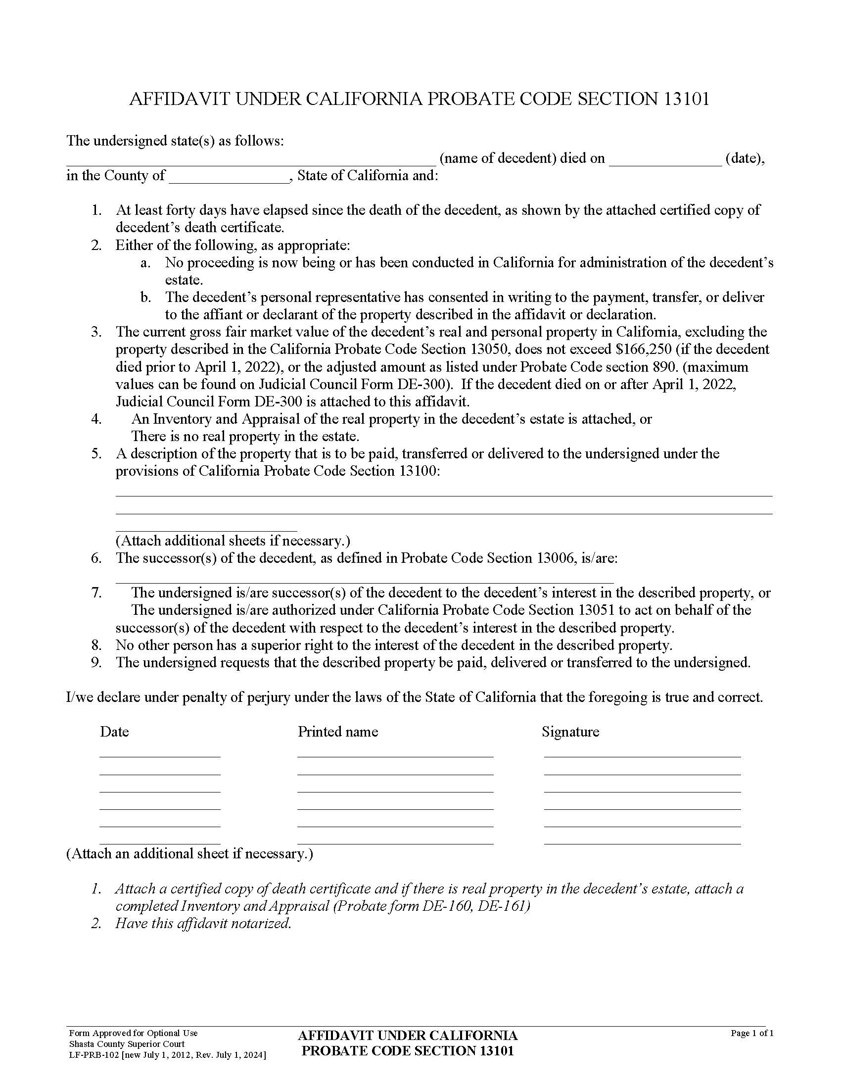 Affidavit Under California Probate Code Section 13101 {LF-PRB-102} | Pdf Fpdf Doc Docx | California