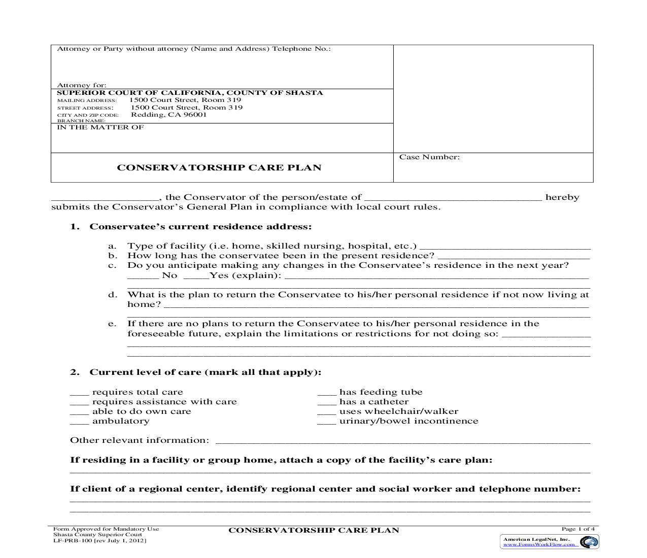 Conservatorship Care Plan {LF-PRB-100} | Pdf Fpdf Doc Docx | California
