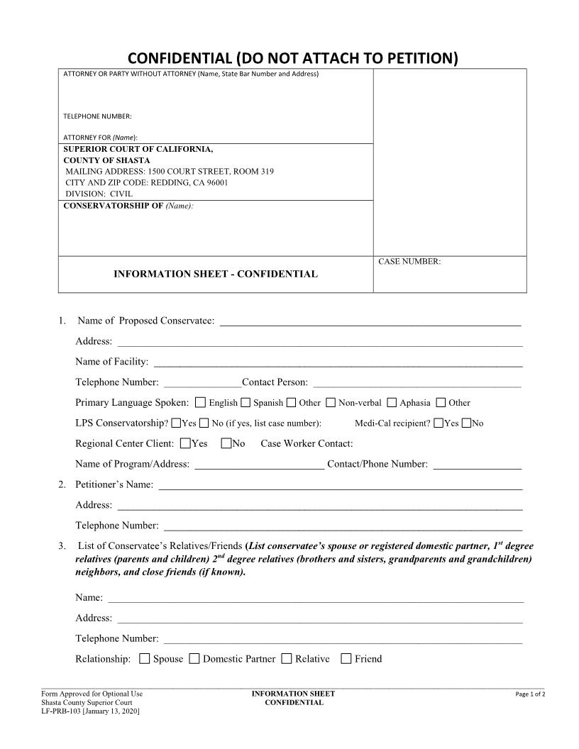 Information Sheet-Confidential {LF-PRB-103} | Pdf Fpdf Docx | California