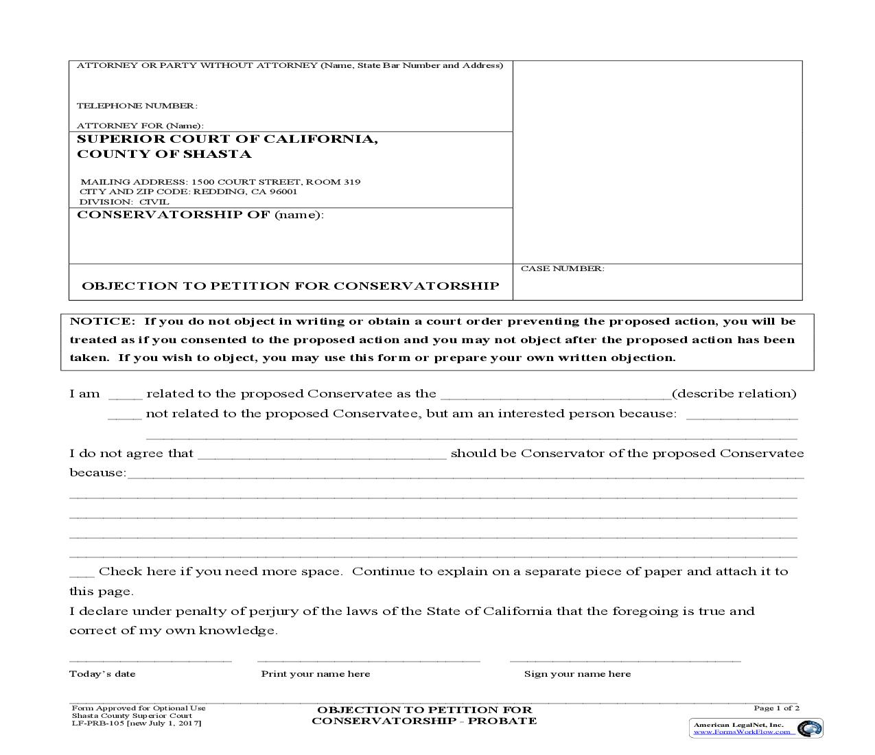 Objection To Petition For Conservatorship-Probate {LF-PRB-105} | Pdf Fpdf Doc Docx | California