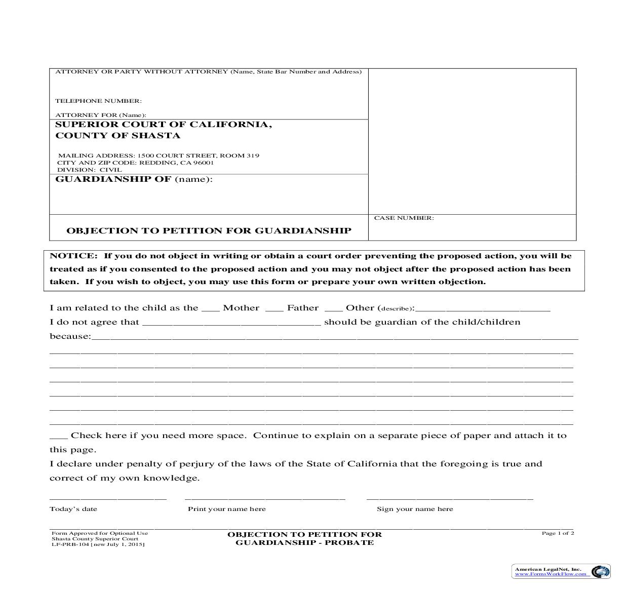 Objection To Petition For Guardianship-Probate {LF-PRB-104} | Pdf Fpdf Doc Docx | California