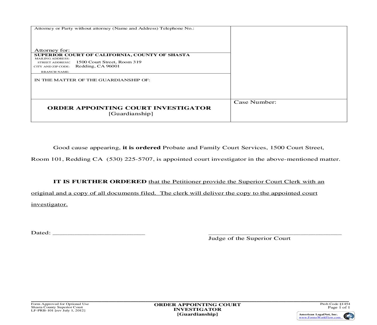 Order Appointing Court Investigator {LF-PRB-101} | Pdf Fpdf Doc Docx | California