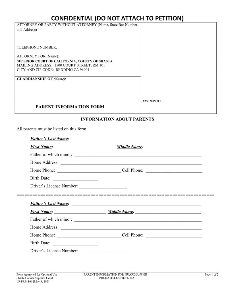 Parent Information For Guardianship Probate-Confidential {LF-PRB-106} | Pdf Fpdf Docx | California