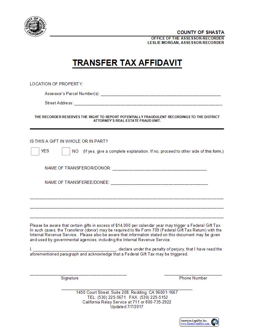Transfer Tax Affidavit (Shasta) | Pdf Fpdf Docx | California