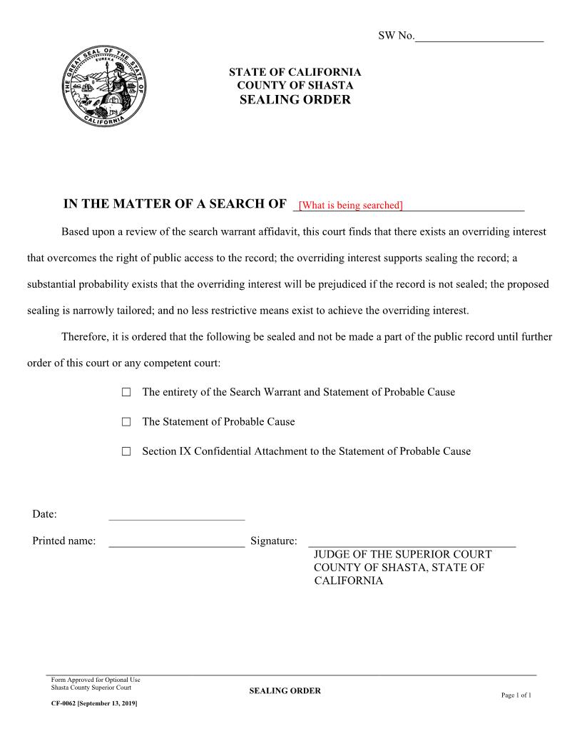 Sealing Order {CF-0062} | Pdf Fpdf Docx | California