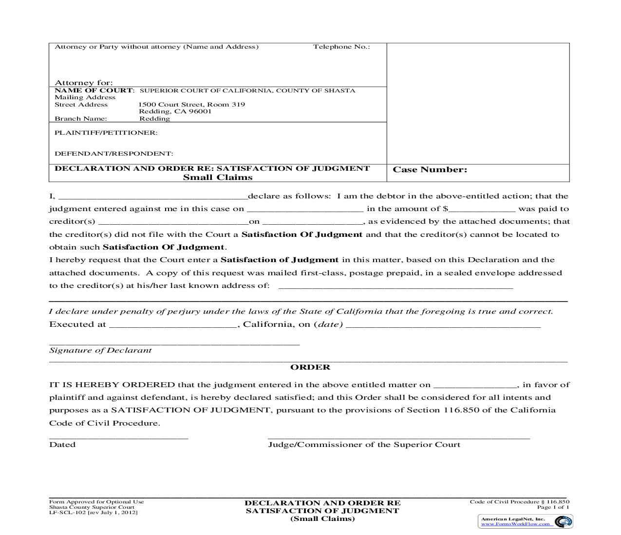 Declaration And Order Re Satisfaction Of Judgment (Small Claims) {LF-SCL-102} | Pdf Fpdf Doc Docx | California