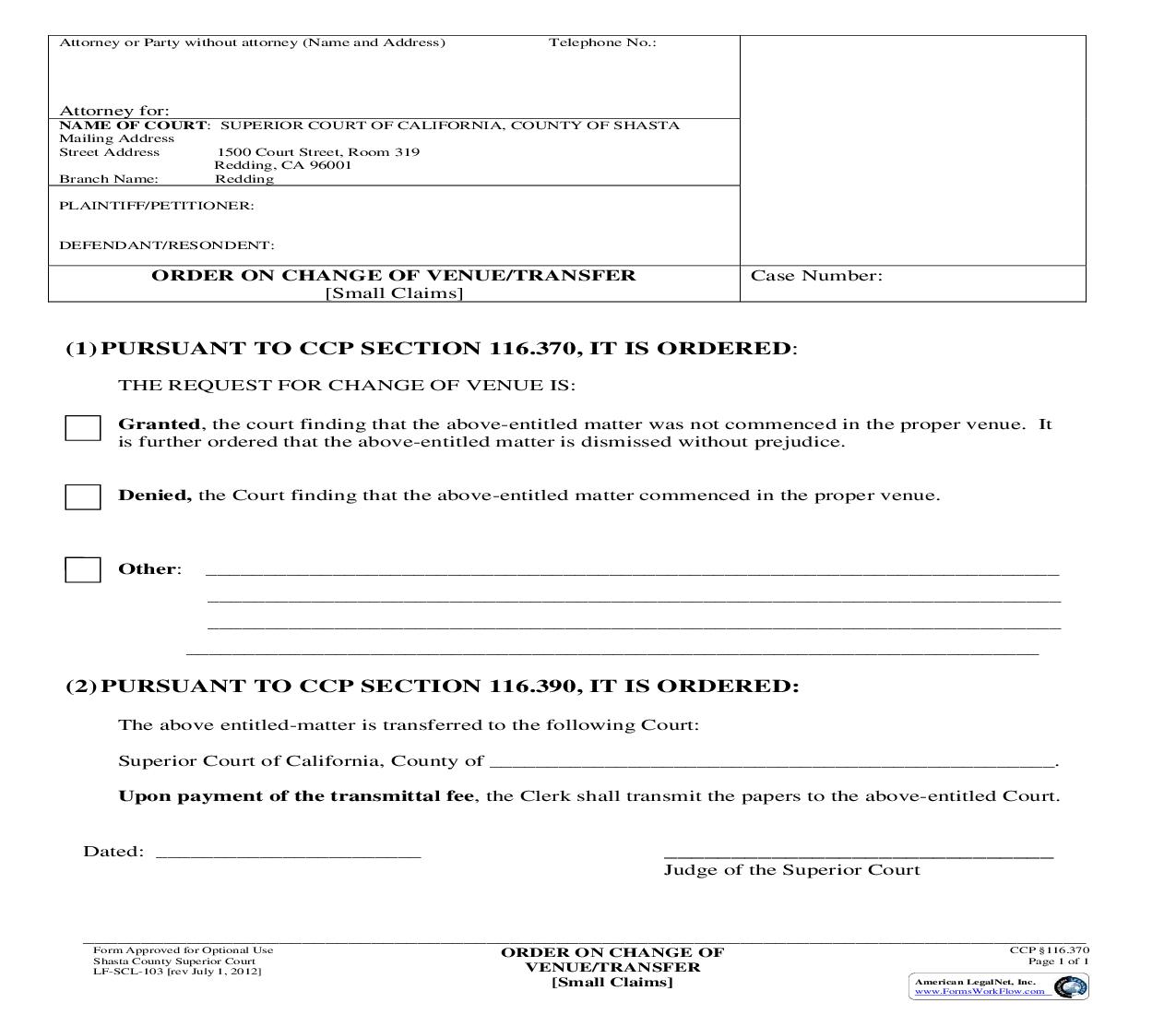 Order On Change Of Venue-Transfer (Small Claims) {LF-SCL-103} | Pdf Fpdf Doc Docx | California