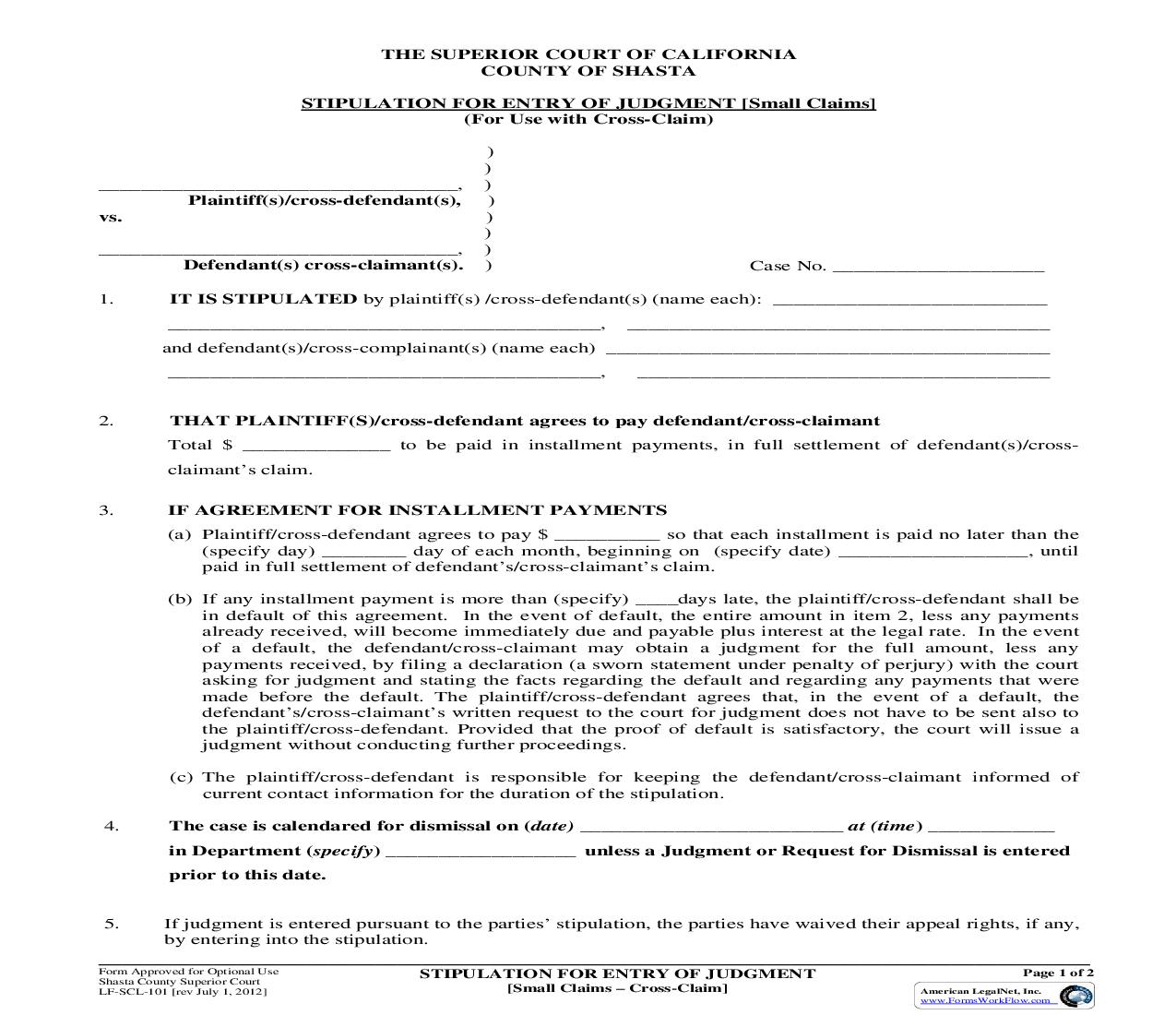 Stipulation For Entry Of Judgment (Small Claims-Cross-Claim) {LF-SCL-101} | Pdf Fpdf Doc Docx | California