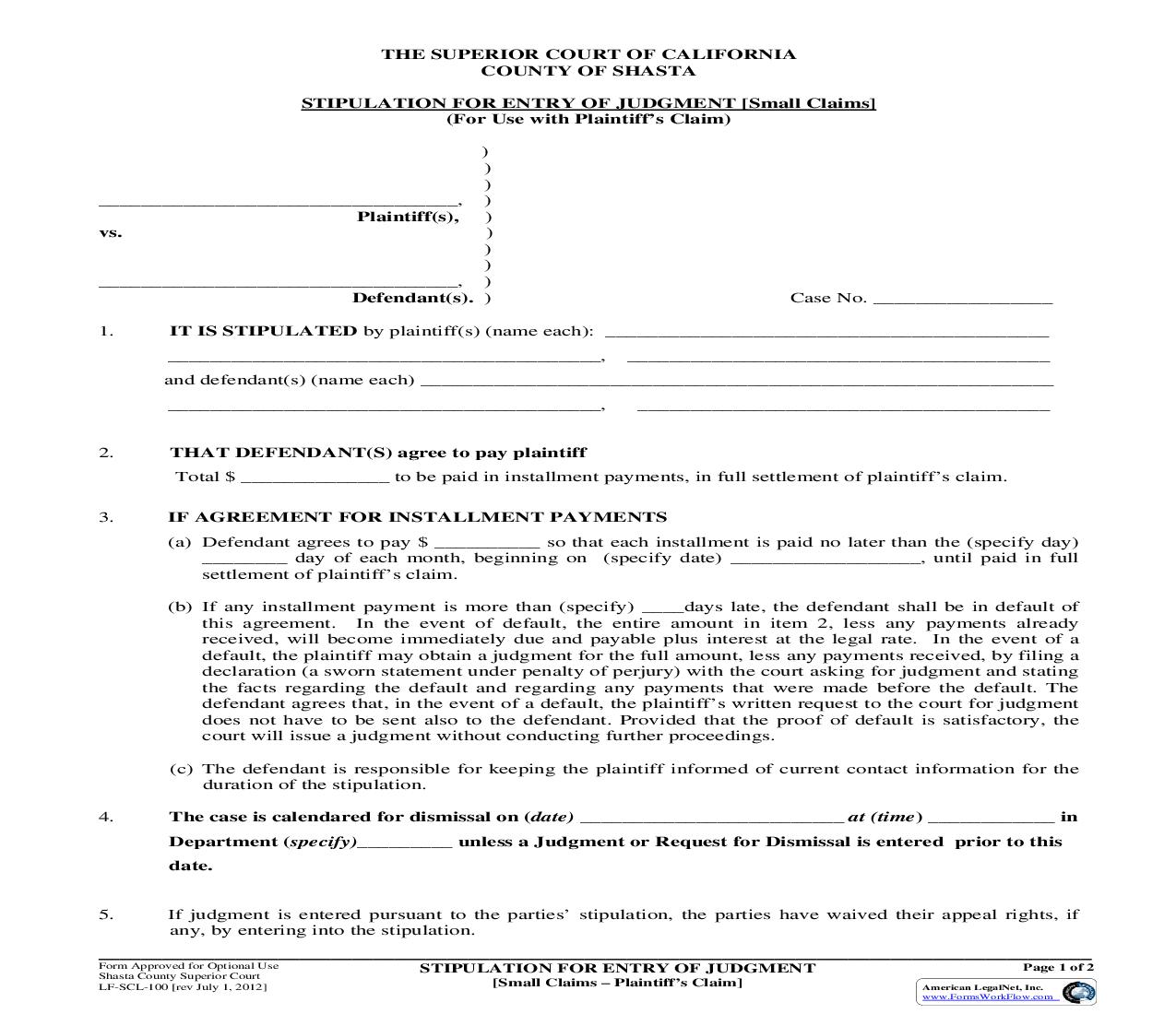 Stipulation For Entry Of Judgment (Small Claims-Plaintiffs Claim) {LF-SCL-100} | Pdf Fpdf Doc Docx | California
