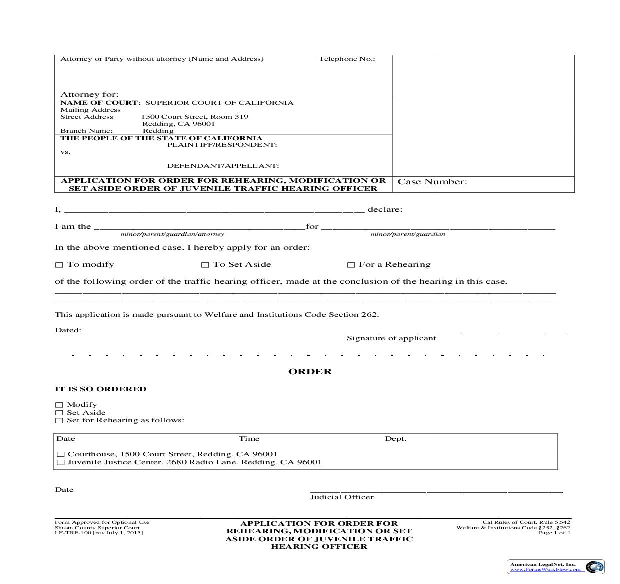 Application For Order For Rehearing Modification Or Set Aside Order {LF-TRF-100} | Pdf Fpdf Doc Docx | California