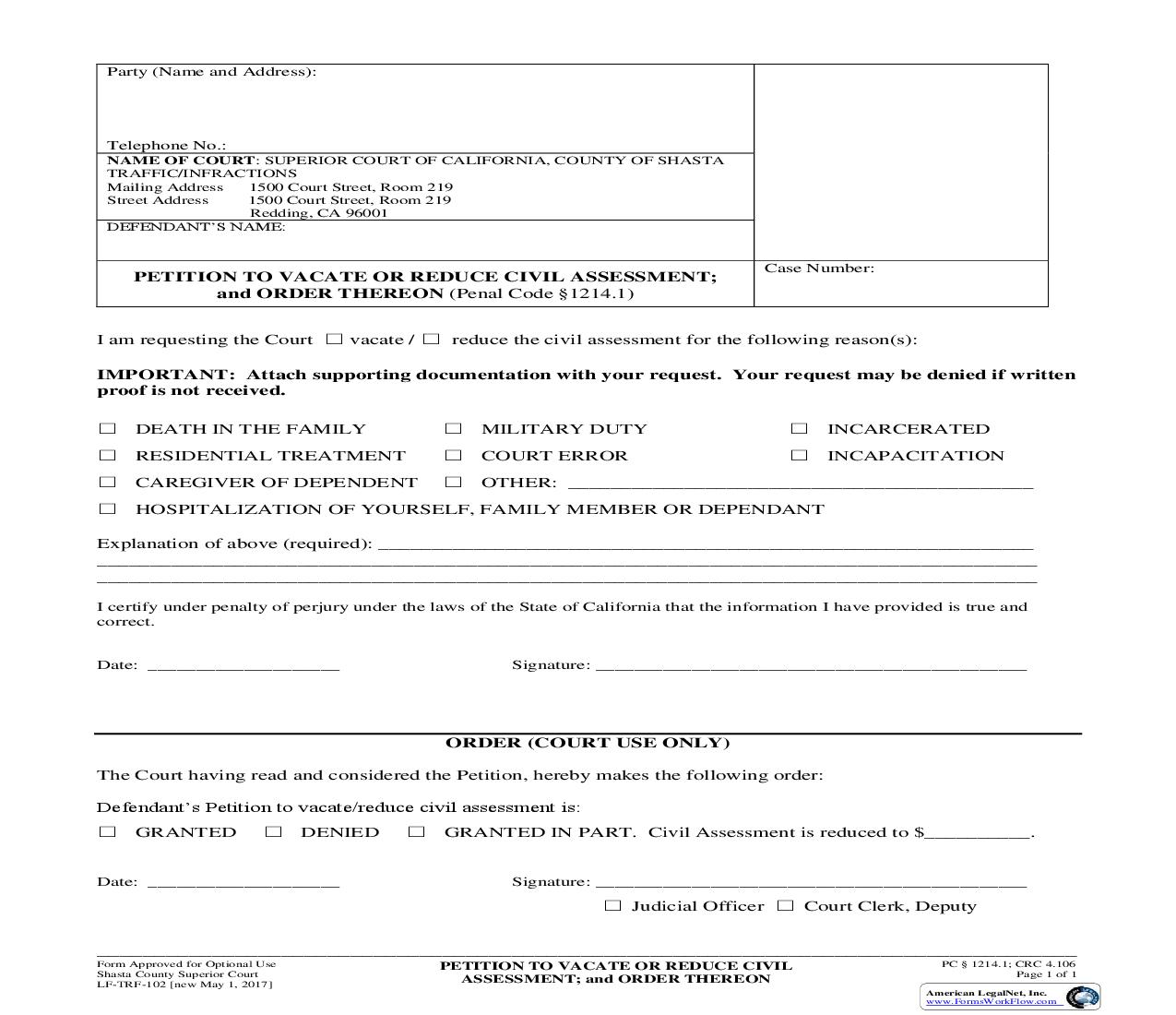 Petition To Vacate Or Reduce Civil Assessment And Order Thereon {LF-TRF-102} | Pdf Fpdf Doc Docx | California